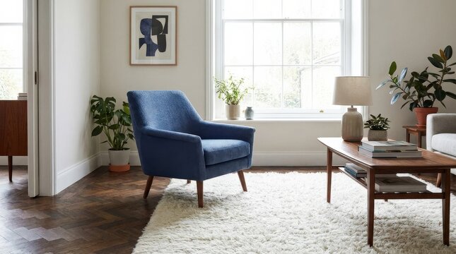 Blue fabric armchair placed on parquet floor with white carpet in stylish retro living room by wide window, elegant lifestyle and interior design photography, interior, design, comfort, relaxation,