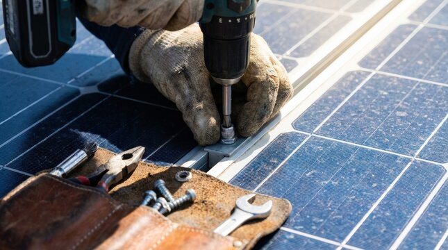 Close-up of engineer '92s hand using drill to repair solar panel, detailed view of tools and photovoltaic surface, bright daylight and eco technology concept, shot on Nikon Z6, macro lens,no logos