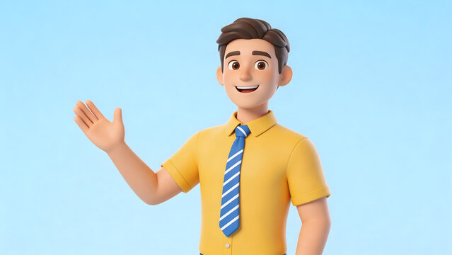 Cartoon man in yellow shirt waving