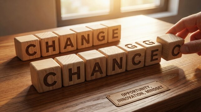 Wooden letter cubes transformed from the word change into chance, motivational business concept about opportunity, innovation and mindset shift, warm light over natural wood grain, clean tabletop