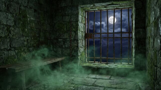 Stone dungeon window with iron bars looks out on full moon night sky with clouds. Green fog drifts on floor inside ancient prison cell, creating creepy atmosphere and spooky mood, dungeon, window,