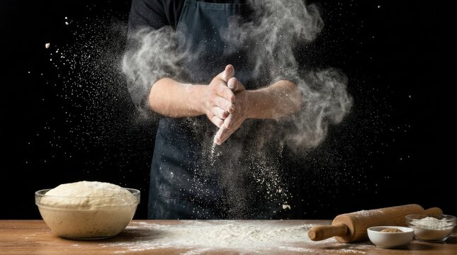 White flour flies in air on black background, pastry chef claps hands and prepares yeast dough for pizza pasta, flour, baker, cook, clap, pizza, background, eatery, black, photorealistic culinary or