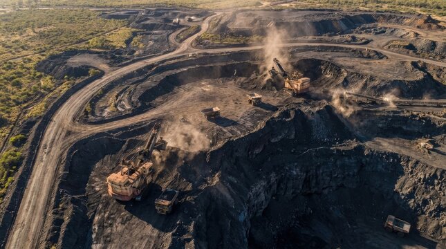 Open pit mine, extractive industry for coal, top view aerial drone, mine, coal, equipment, aerial, photorealistic extractive industry scene, vast scale and rugged machinery detail, shoveling, view,