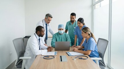 Fototapeta premium A professional healthcare team in a hospital office, doctors, nurses and a surgeon gathered around a workstation with laptop and medical notes, stethoscopes, clean clinical interior and collaborative