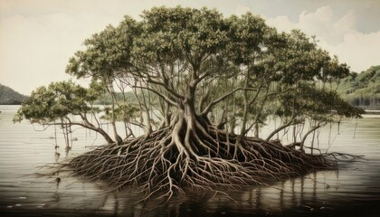 Obraz premium Mangrove tree thriving in water, a serene landscape of natures resilience.