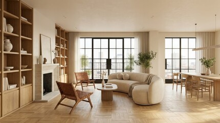 Fototapeta premium sun-washed luxury living room interior mockup, bookcase walls, a sculpted sofa, accent chair, fireplace, broad windows, parquet flooring and a seamless dining area, balanced decor and clean