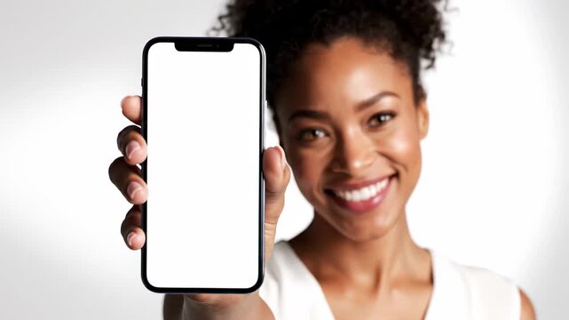 This features a close-up shot of a woman holding up a smartphone with a blank screen, smiling at the camera in a promotional setting.