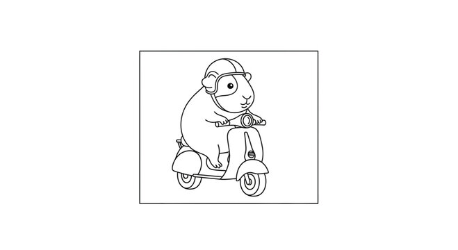 Cute Guinea Pig Riding a Scooter Wearing a Helmet, Line Art