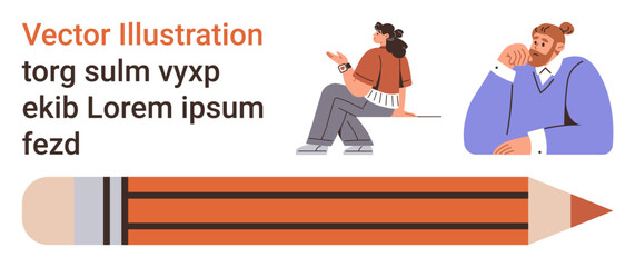 Education, creativity, communication, design, modern lifestyle, collaboration. Two characters sitting near bold text and a large pencil. Education and creativity concept © robu_s