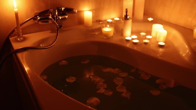 Romantic atmosphere. Bathtub with burning candles, petals and soap in bathroom, closeup. Camera moving left and up