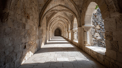 Obraz premium An arched corridor leads into the distance, with stone walls and an interesting architectural design. Light filters in, adding depth and shadow.