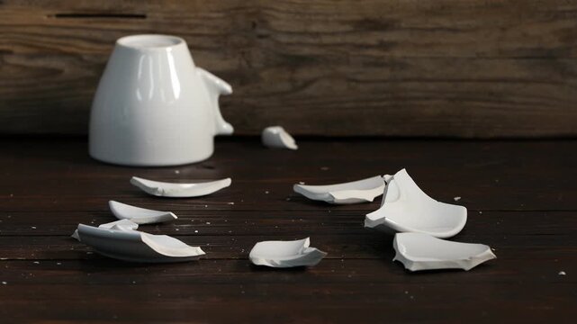 Breaking white ceramic cup with hammer on wooden table, closeup