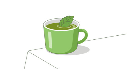 A vibrant green mug with a fresh mint leaf on a clean white background. © Ahmad