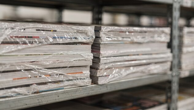 Focused medium shot capturing details of shrinkwrapped periodical stacks on metal shelving blurred background emphasizing depth and organized storage.