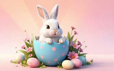 Fototapeta premium Adorable bunny emerges from colorful egg surrounded by flowers and