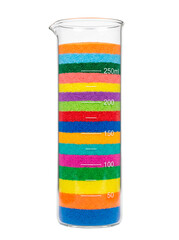 Fototapeta premium A colorful scientific measuring cylinder filled with layers of rainbow sand. The cylinder displays numerical markings