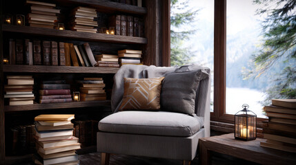 Obraz premium A cozy reading nook bathed in natural light, with a library full of books and a comfortable armchair. A serene atmosphere, inviting relaxation and escape