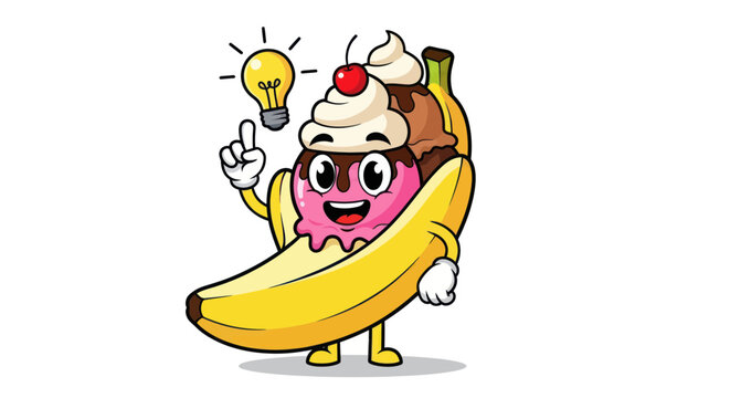 Funny Banana Split Ice Cream Character with Lightbulb Idea
