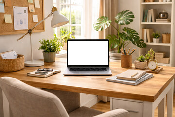 Fototapeta premium Modern home office workspace with laptop mockup on wooden desk, remote work and productivity concept with natural light