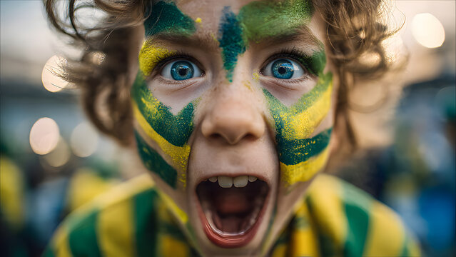 A young boy with a vibrant and excited expression at a sporting event