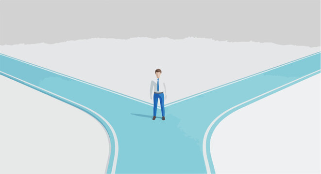Man standing at a crossroads with two paths to choose from.