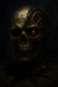 Mechanical Cyborg Skull with Glowing Red Eye in Dark Industrial Setting