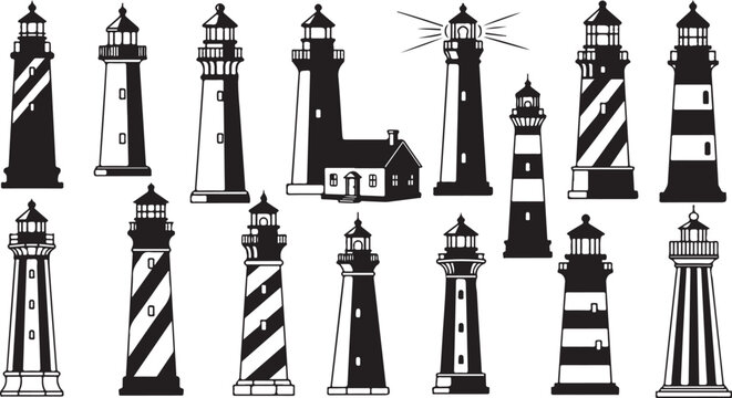 Collection of various lighthouses in black and white illustration