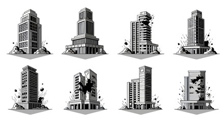 Obraz premium Demolition Buildings Black and White Line Art Vector Set for Urban Disaster and Construction