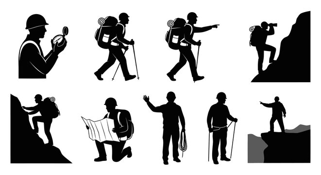Hiking  Mountaineering Silhouettes: Outdoor Adventure Explorers with Gear Vector Icon Set