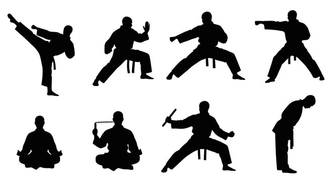 Martial Arts Practitioners Black Vector Silhouettes: Karate Poses, Nunchaku, Meditation