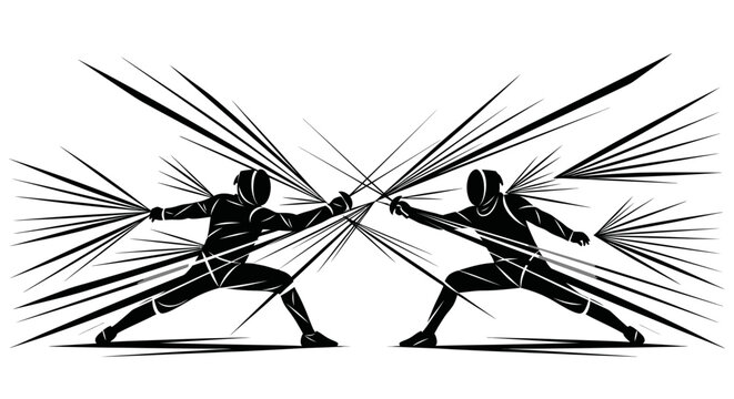 Two Fencers Silhouette Fighting Duel, Dynamic Action Lines, Sports Competition