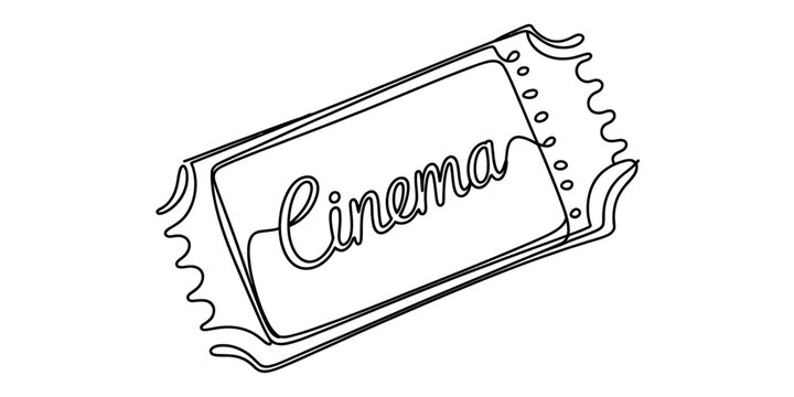 A single continuous line drawing of a retro cinema admission ticket with the word cinema written Vector, illustration