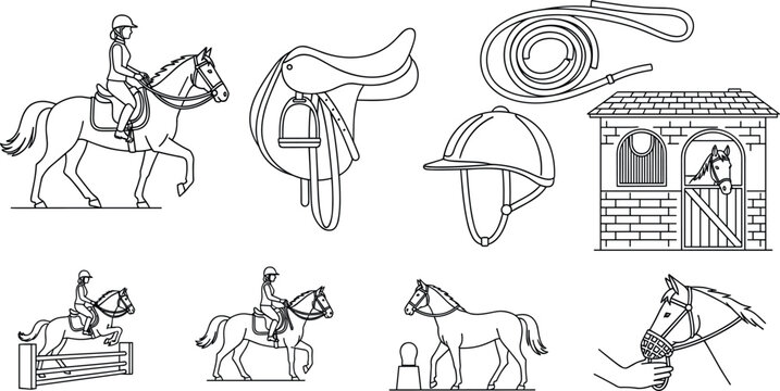 Horse riding and equestrian line icons set with rider saddle helmet stable and training elements outline vector illustration