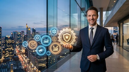 Fototapeta premium Businessman presenting a security shield with graphs and icons in a modern office overlooking a cityscape at dusk symbolizing business growth and protection.