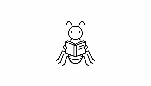 Cute ant reading a book, educational concept, simple line drawing, white background