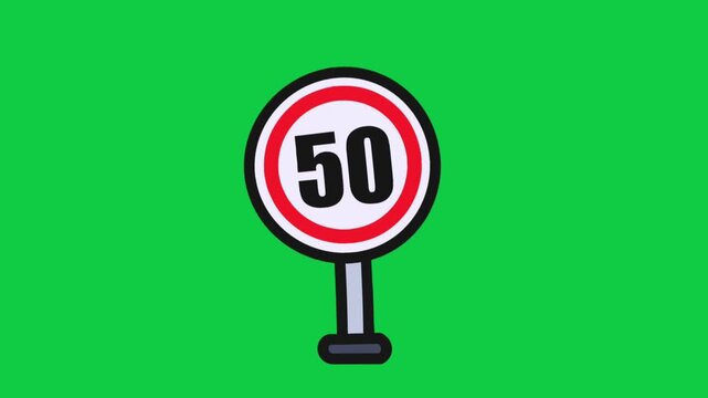 2D Animated Speed Limit 50 Sign with Red Circle and Number for Traffic Regulation Symbol