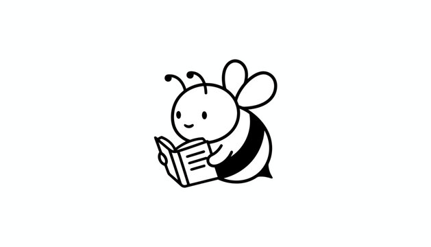 Cute bee character reading a book, black and white cartoon illustration, educational concept