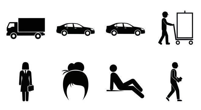 Black and White Glyph Icons Set: Transportation, Business, and People Silhouettes Vector