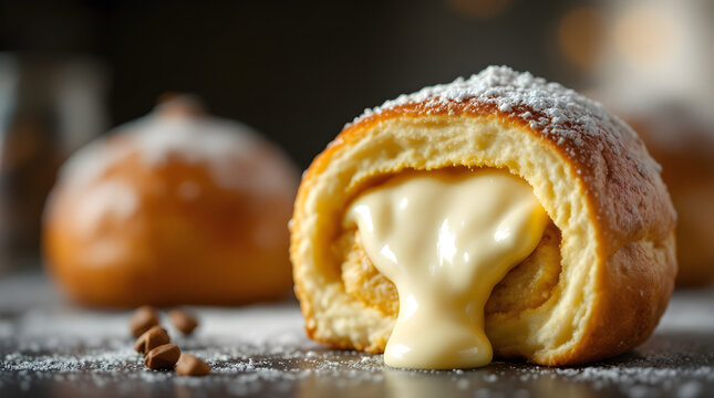 Freshly baked Italian bomboloni donut filled with silky vanilla custard cream powder sugar topping soft lighting studio photography macro focus