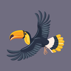 Flying hornbill bird with black and white wings in motion showcasing a large yellow beak in a professional wildlife illustration style © firstcolor