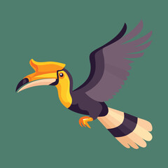 Flying hornbill illustration with wings spread and long yellow beak in a dynamic side view for tropical nature and zoo branding © firstcolor