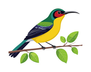 Fototapeta premium Colorful bird with yellow head and green wings perched on a leafy branch in a professional and vibrant nature vector design