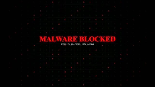Digital defense system reports malware blocked with an active security protocol, displaying a matrix of hexadecimal code indicating a successful cyber threat prevention.