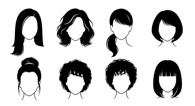 Diverse Women's Hairstyles Vector Set - Beauty Fashion Black  White Line Art Icons