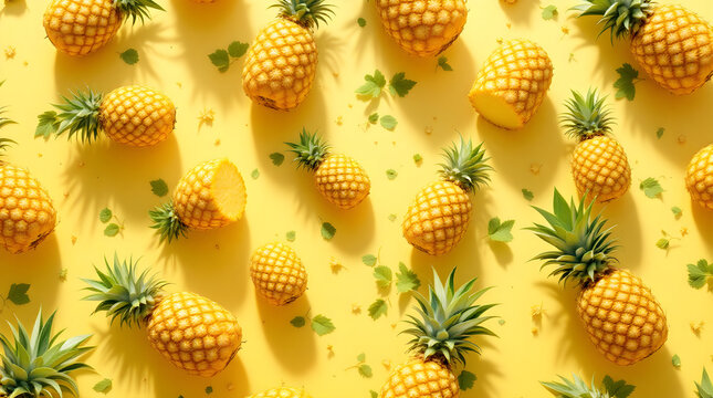 Fresh pineapples and green leaves arranged in a repeating pattern on a bright yellow background flat lay photography vibrant summer aesthetic