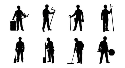 Naklejka premium Hard Hat Construction Workers Silhouettes with Tools - Black White Vector Set