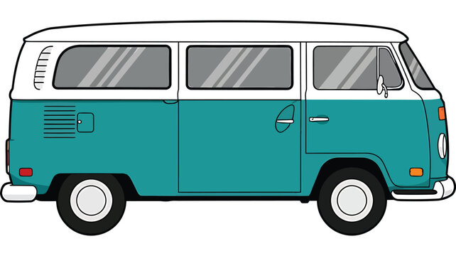 Teal Volkswagen van in simple line art style with roof and for retro travel advertising on transparent background