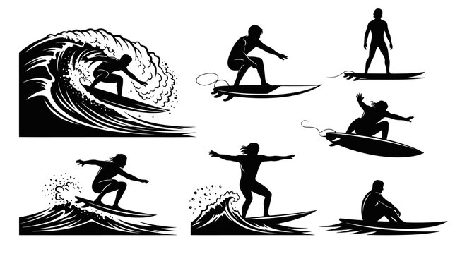 Dynamic Surfing Silhouettes Vector Set: Black and White Surfers on Waves