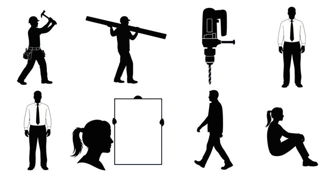Black Silhouettes of Workers, Business People, and Construction Tools Vector Set