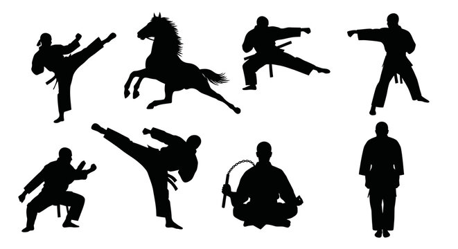 Martial Arts Fighters and Horse Black Silhouettes Vector Set for Sports
